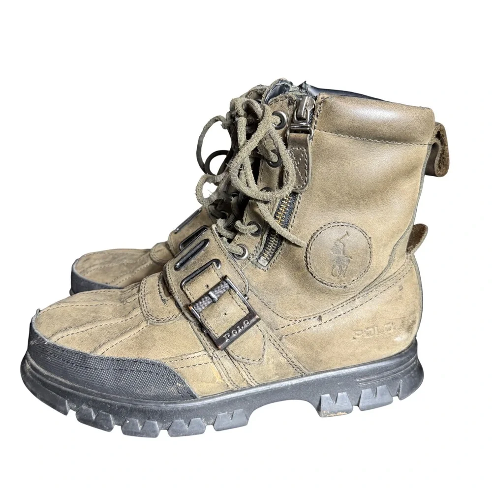 Vintage Polo Ralph Lauren Andres Leather Combat Boots Brown Olive 7D Buckle Zip